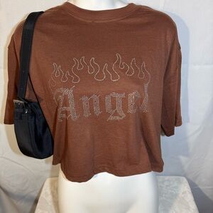 Love Theory Essentials Brown Rhinestone “Angel” Crop Tee Size L